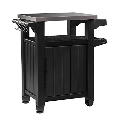Keter Unity Portable Outdoor Table with Storage Cabinet and Stainless Steel Top, Graphite
