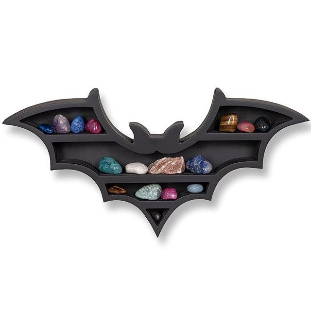 Rustix Black Vampire Bat Shelf - Crystal Holder for Spooky Horror Gothic Witchy Room Decor - Wall Mounted Hanging Floating Wooden Shelves for Goth Kitchen Bedroom or Bathroom
