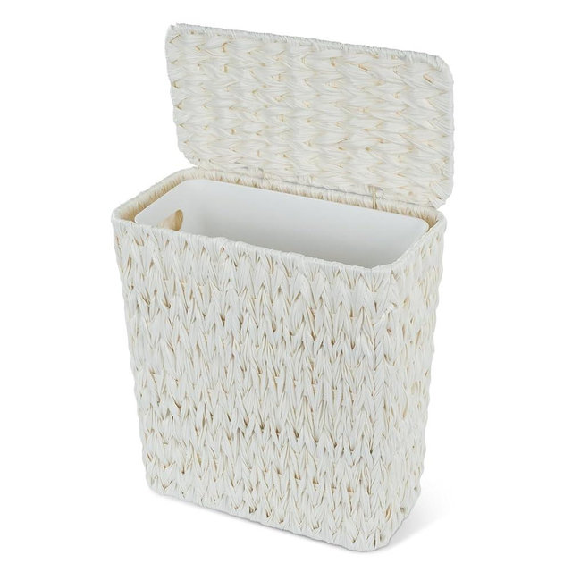 Coeusy Wicker Trash Can with Lid and Liner,Boho Decotative Small Bathroom Trash Cans,Waterproof Slim Waste Basket for Bedroom,Home Office,3 Gallon Cream White