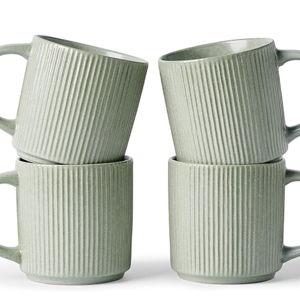 famiware Coffee Mug Set for 4, Star 12 oz Catering Mugs Cup Set with Handle for Coffee, Tea, Cocoa, Milk - Ceramic Stoneware Drinkware Set, Matte Green