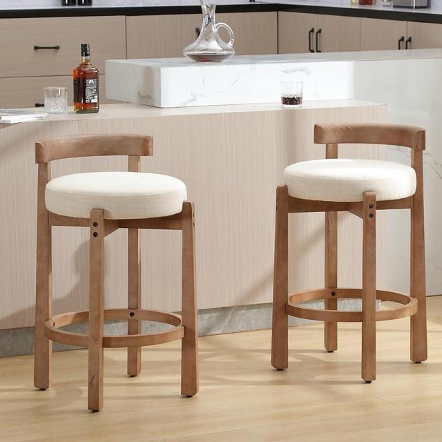 Ya-Home Mid-Century Bar Stools Set of 2, 26.5 Inch Linen Counter Height Upholstered Barstools Bar Chairs with Solid Wooden Legs for Kitchen Island Dining Room, Beige