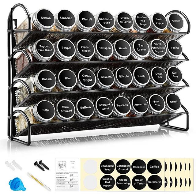 Spice Rack Organizer, 4 Tier Spice Rack Organizer for Cabinet with 32 Spice Jars, 388 Spice Labels with Chalk Marker and Funnel Set for Kitchen, Cabinet, Countertop, Pantry, Cupboard or Wall Mount