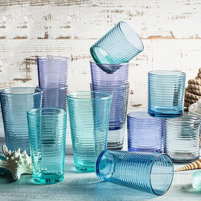 Drinking Glasses Set of 12 Coastal Color Everyday Drinkware Kitchen Glasses for Cocktail, Ice Coffee, Beer, Iced Tea, Wine, Whiskey, Water, Tall Highball Glass Cups, Juice Glasses, Rock Drinking Glass