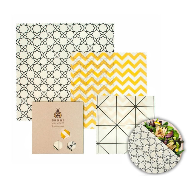 SUPERBEE Beeswax Wrap for Food, Set of 3 Bees Wax Wraps, Reusable Bees Wrap Paper for Wrapping Vegetables & Cheese, Bowl Covers and Sandwich Wrapping Paper, Beeswax Food Wraps - Classic
