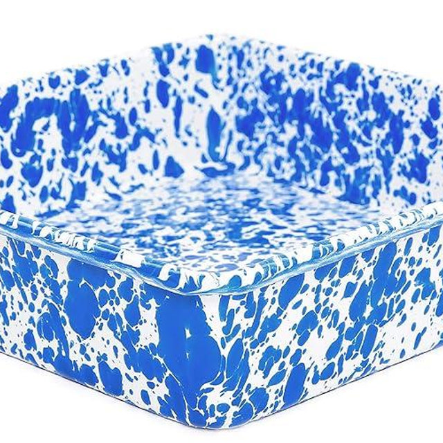 Crow Canyon Home Enamelware Square Brownie Pan, 9 inch, Blue/White Splatter