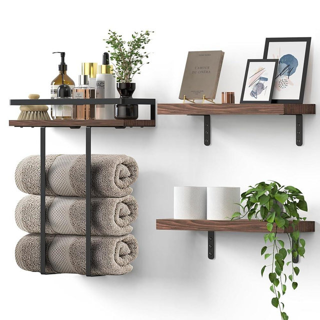 Towel Racks for Bathroom-Wall Mounted Floating Shelves for Wall Bathroom Bedroom Kitchen Living Room, Hanging Book Shelves Decor Bathroom Organizer, 16 inch Solid Wood, Carbonized Rustic Brown