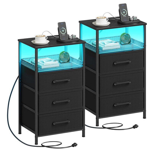 JARHETUN Night Stand Set 2 with Charging Station, 3 Drawer Nightstands with LED Lights, End Table with Outlets and USB Ports, Side Table with Open Shelf, Bedside Tables for Bedroom, Black