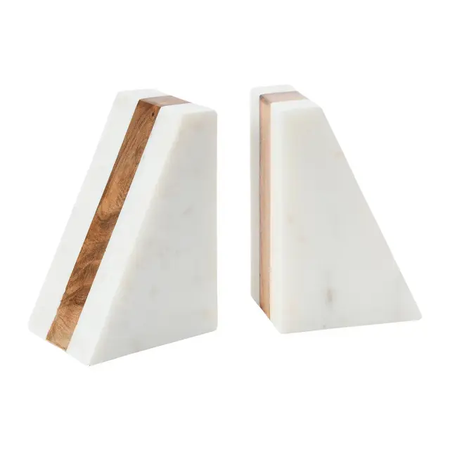 Storied Home Marble Geometric Bookends with Wood Inlay, Set of 2, White