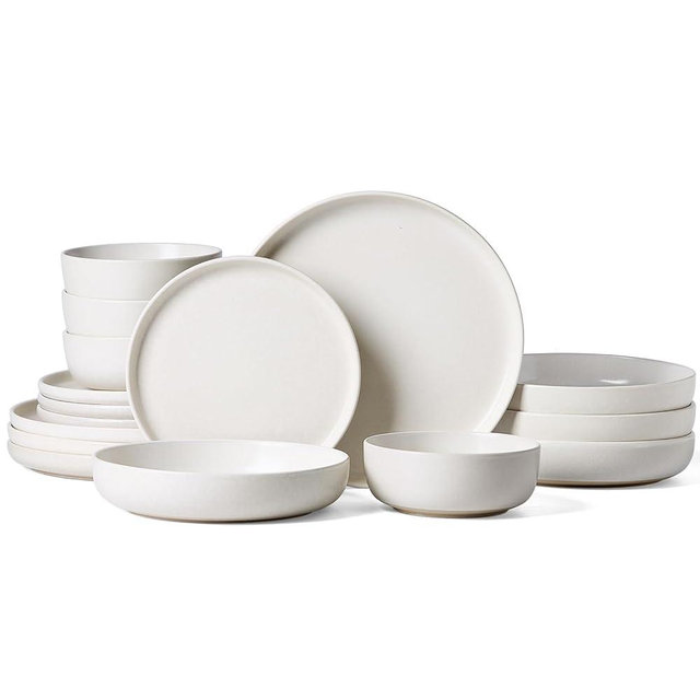 Famiware Milkyway Stoneware Dinnerware Sets with Pasta Bowls, Service for 4 (16 Pieces), Reactive Glaze Plates and Bowls Sets, Microwave and Dishwasher Safe Dishes Set, Matte White