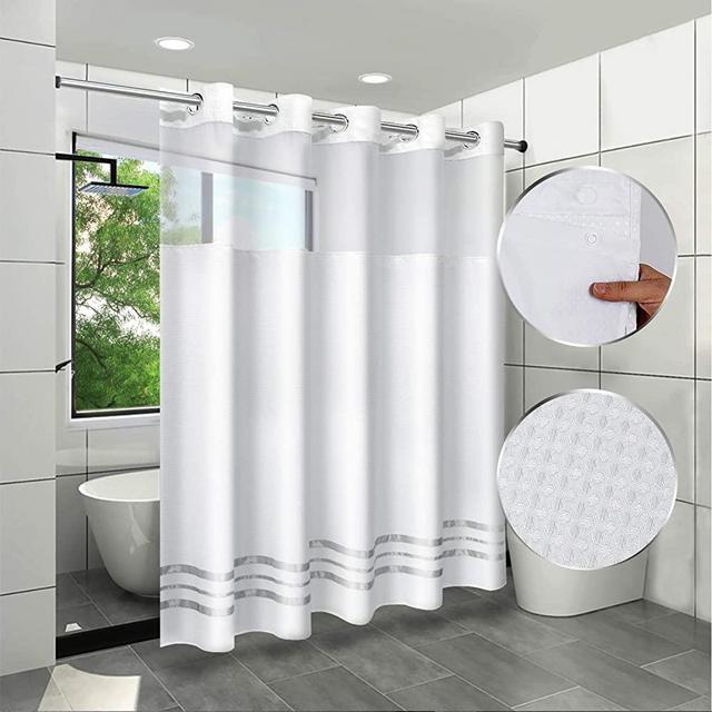 ARICHOMY Shower Curtain Set Waffle Weave Curtain Fabric Shower Curtain Set 250GSM Hookless Removeable Liner, Water Repellent, Machine Washable 71by 74inch, White