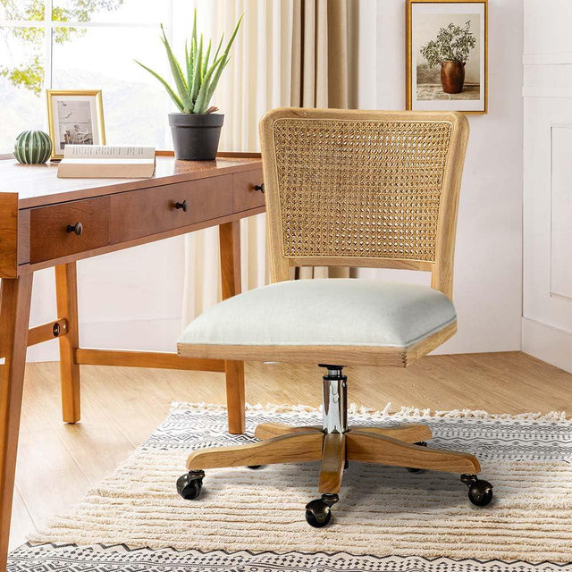 HULALA HOME Home Office Chair, Rattan Desk Chair with Adjustable Height, Upholstered Swivel Rolling Computer Chair, Modern Armless Task Chair with Wheels, Linen