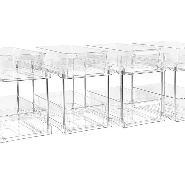 Zero Zoo 4 Pack 2-Tier Bathroom Under Sink Organizers and Storage - Clear Stackable Containers for Kitchen, Pantry, Vanity, Medicine Cabinet, Makeup, and Counter with Pull-Out Track