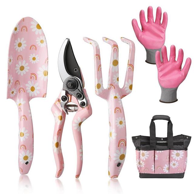 WORKPRO 5PCS Garden Tool Set, Aluminum Heavy Duty Gardening Tool Set with Garden Tool Bag, Outdoor Garden Hand Tools, Ideal Garden Tool Kit Gifts, Pink