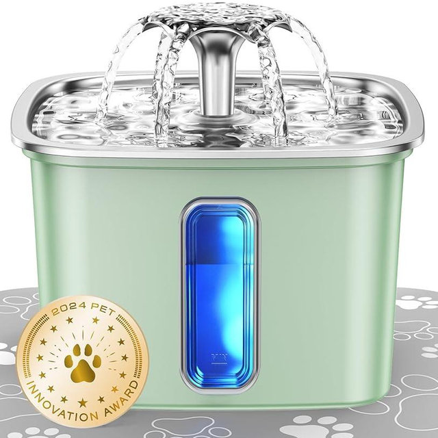 Veken Innovation Award Winner Stainless Steel Cat Water Fountain, 108oz/3.2L Automatic Pet Fountain Dog Water Dispenser with Replacement Filters & Silicone Mat for Cats, Dogs (Tea Green)