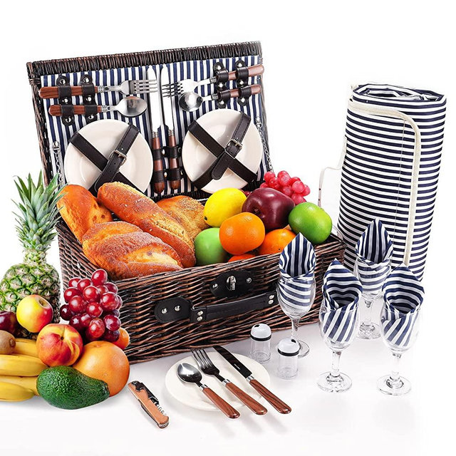 HYBDAMAI Willow Picnic Basket Set for 4 Persons with Waterproof Picnic Blanket, Wicker Picnic Basket for Camping, Outdoors, Valentine's Day, Christmas, Thanksgiving, Birthday