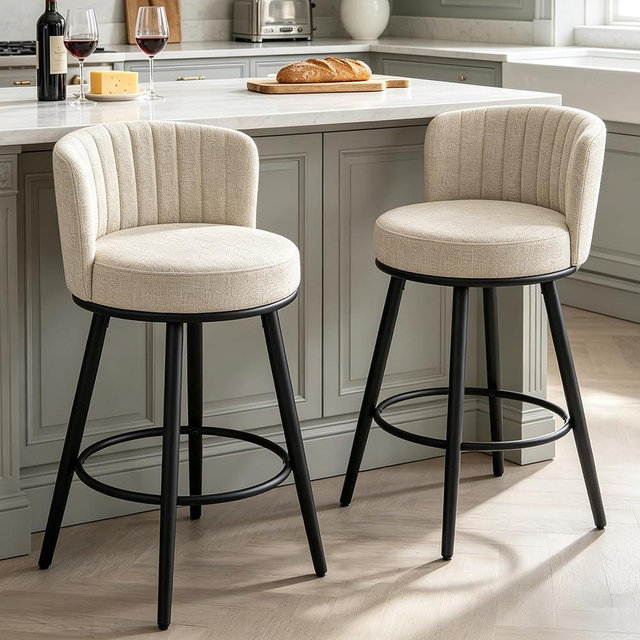 Phent zari Swivel Bar Stools Set of 2, 28" Seat Height, Modern Design, Upholstered Barstools with Back and Footrest, Metal Legs, Suitable for Kitchen Island, Counter, Dining Room