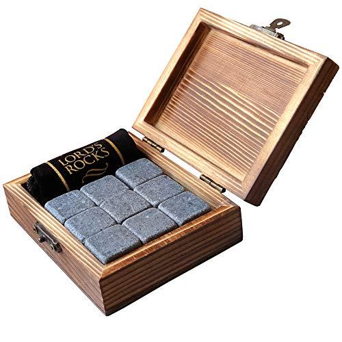 Whiskey Stones Gift Set – 9 Natural Unique Granite Best Whiskey Rocks - Chilling Whisky Stones - Cubes for Scotch, Bourbon + Velvet Storage Pouch + Wooden Gift Box Bar Accessories By Lord’s Rocks