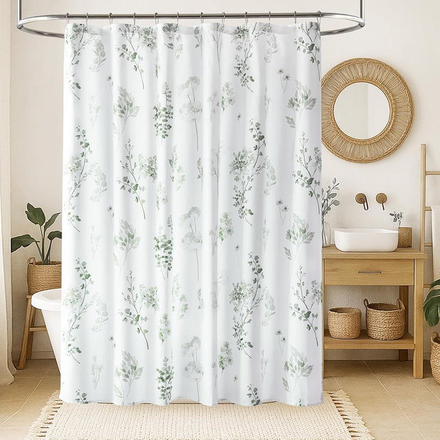 Sage Green Boho Watercolor Floral Shower Curtain,Eucalyptus Botanical Fabric Shower Curtains for Bathroom,Light Green White Nature Plant Cottage Core Bath Curtain for Farmhouse Decor with Hooks 72x72