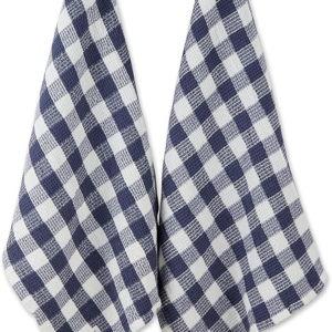 DII Washed Waffle Weave Collection, Dishtowel Set, 18x28, Denim Check, 2 Piece