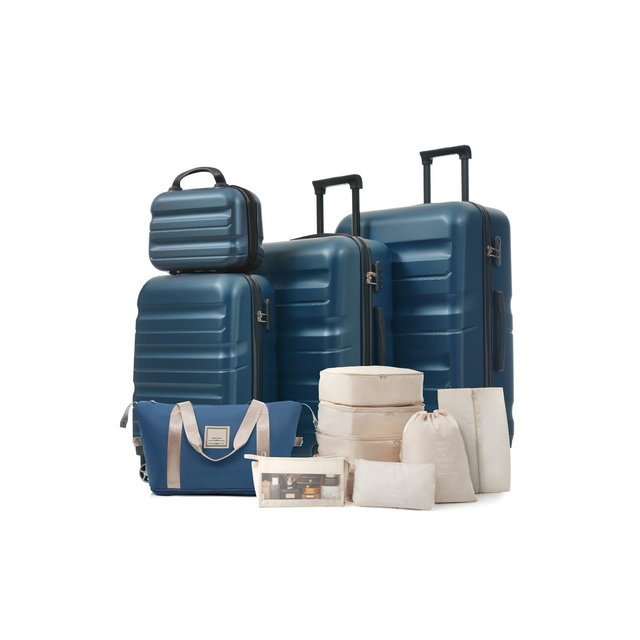 Whisen 13-Piece Luggage Sets, Checked & Carry on Spinner Suitcase Set, ABS Hardshell Suitcases, Duffel Bag and 8 Packing Cubes - Inky Blue