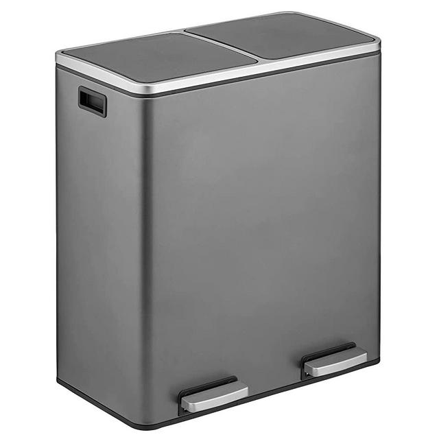 mDesign Modern 60 Liter, 2-Bin Divided Large Metal Step Trash Can Wastebasket, Garbage Container Bin - Bathroom, Kitchen, Craft Room, Office, Garage - Removable Liner Bucket - Graphite Gray