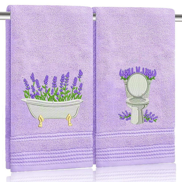 2pcs Purple lavender Hand Towels for Bathroom Decorative Towels Set 100% Cotton cute Embroidered Spring summer floral bath towels dish kitchen towels Farmhouse Bathroom Decor Gift(Purple lavender)