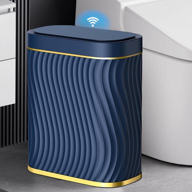 steo spce Bathroom Small Trash Can with Automatic Touchless Lid, 2.6 Gallon Smart Garbage Can Narrow Waterproof Trash Bin for Bedroom, Office, Living Room (Dark Blue)