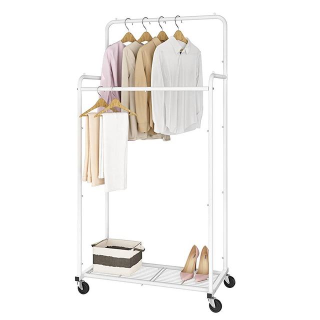 Simple Trending Double Rod Clothes Garment Rack, Heavy Duty Clothing Rolling Rack on Wheels for Hanging Clothes,with 4 Hooks, White