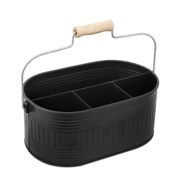 Alpha Living Home Large Silverware Drawer Organizer, Utensil Holder, Silverware Organizer, Caddy, Cutlery Holder, Wooden Handle 4-Section Galvanized Flatware Organizer for Kitchen, BBQ Black