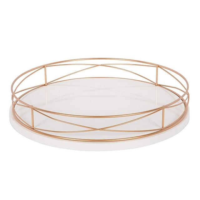 Kate and Laurel Mendel Round Tray with Decorative Metal Rim, 14" Diameter, White