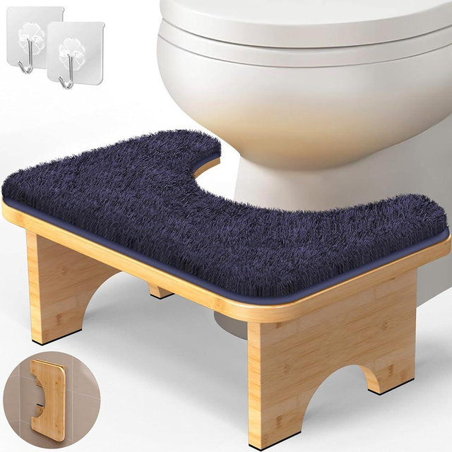 Vatex Bamboo Toilet Stool, 7” Foldable Potty Poop Bathroom Stool with Extra Soft Microfiber Rug and Hooks, Non-Slip Toilet Assistance Step Stool for Adult, Improve Squatting Posture - Healthy Gifts