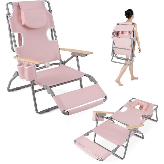 GYMAX Tanning Chairs, 3 in 1 Backpack Beach Lounger with Face/Arm Holes, Armrests, Cup Holders, 330 lbs Folding Portable Lounge Chairs for Outside, Patio, Poolside, Lawn (1,Carnation)