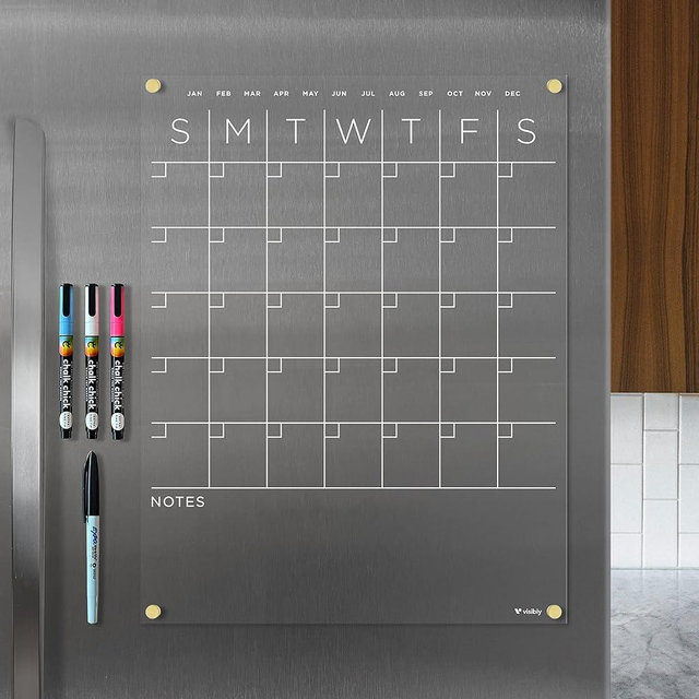 Magnetic Acrylic Month/Notes Calendar for Fridge, Includes 4 Magnetic Wet-Erase Markers for Refrigerator, 14" X 18"