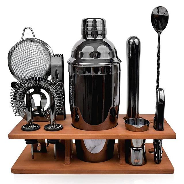 Bartender Kit Black 11 Piece - Parisian Cocktail Mixology Set - Bar Shaker With Muddler, Pourers, Strainer & Twisted Bar Spoon