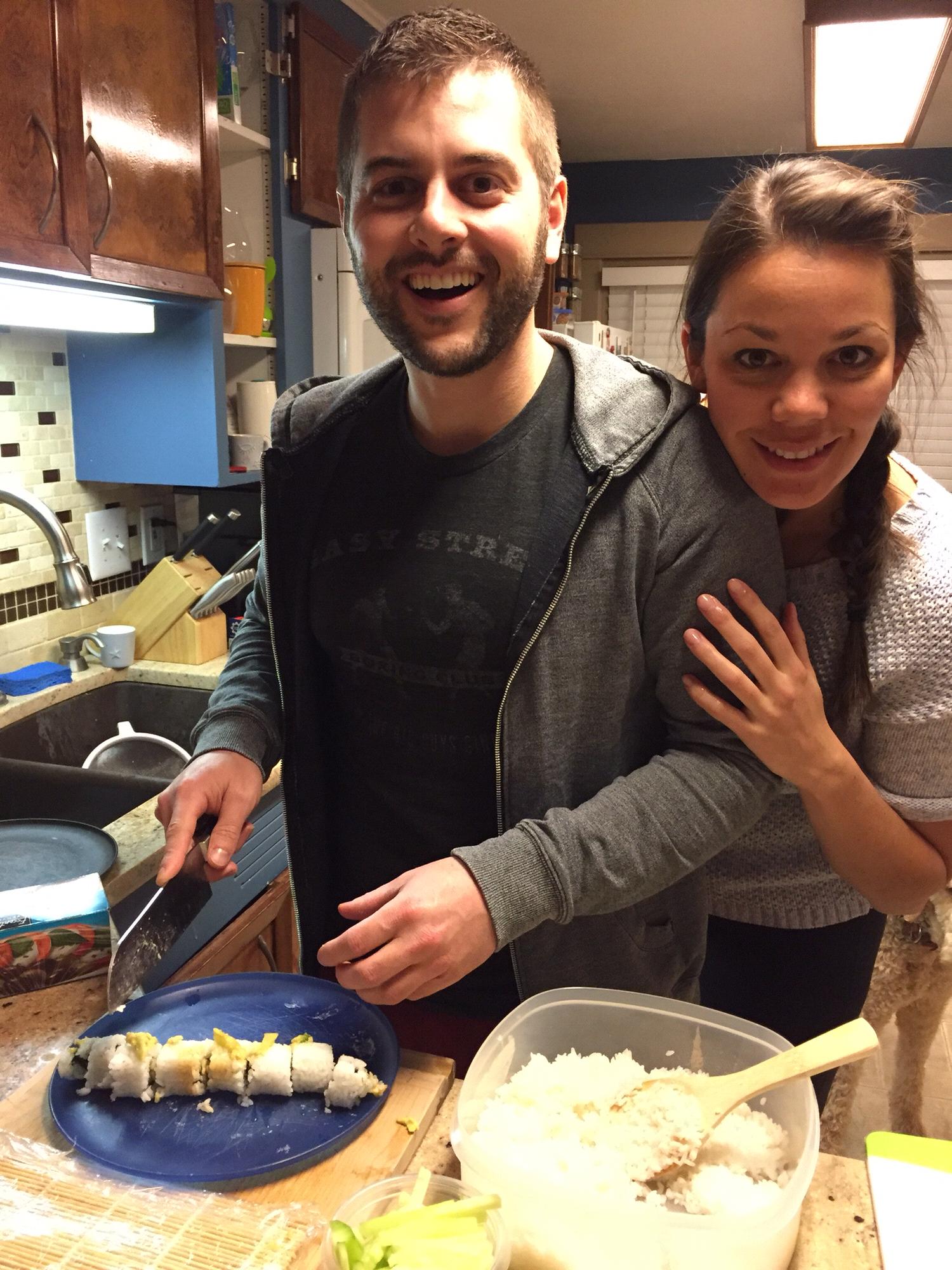 Teaching Chris how to make sushi.