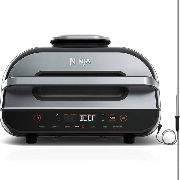 Ninja | Indoor Grill and Air Fryer| Foodi Smart XL | 6-in-1 Grill, Air Fry, Roast, Bake, Broil, Dehydrate & Crisp |Smart Thermometer & Splatter Shield | Dishwasher Safe Parts | Black/Silver | FG551