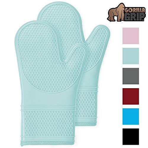 Gorilla Grip Premium Silicone Non Slip Oven Mitt Set, Flexible Oven Gloves, Professional Heat Resistant Kitchen Cooking Mitts, Protect Hands from Hot Surfaces, Cookie Sheets, Mint Green Pair, Set of 2