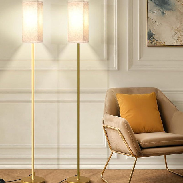 GOEBLESON 2Pack Floor Lamp, Pole with Foot Switch, Modern Standing Lamp Lampshade, Minimalist Freestanding Lamp (Bulb Not Included), for Living Room,Bedroom,Office,ETL Listed,Gold and Beige DE07LDP205