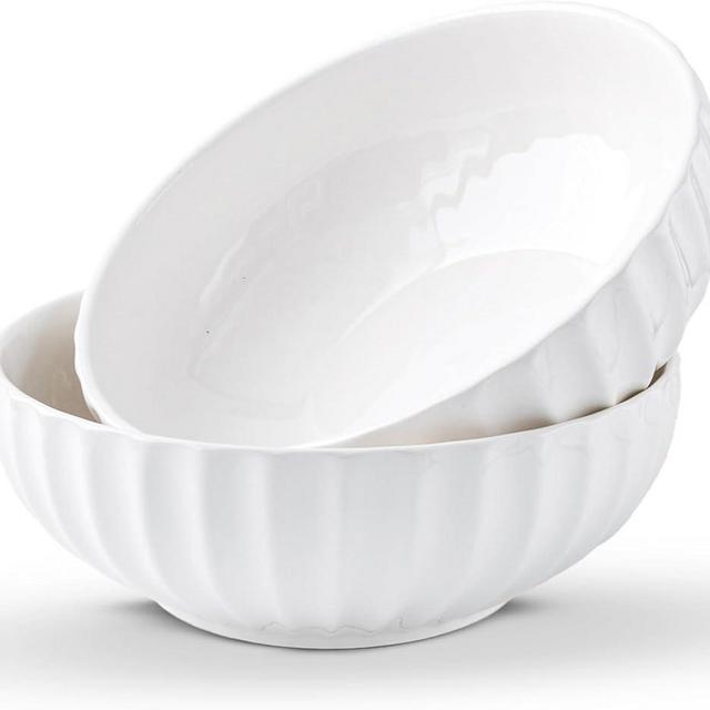Porzelo White Serving Bowls For Entertaining - Large Salad Bowls, Ceramic Serving Dishes, Extra Large Bowl, Large Serving Bowl Set For Fruit Soup Pasta, Salad Serving Bowl, Big Salad Bowls For Eating