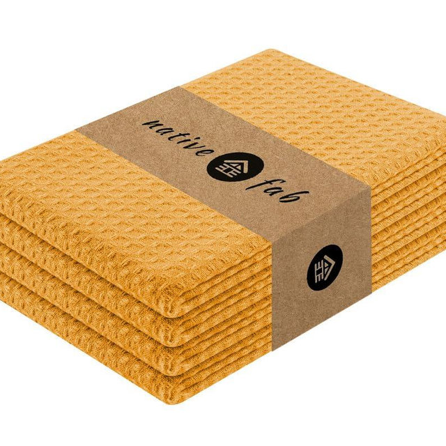 Native Fab Cotton Kitchen Towel with Hanging Loop 16x26 inches, 4-Pack, Waffle Weave Kitchen Towels for Cleaning Drying, Washcloths Soft & Absorbent Cloth Rags, Bar Towel, Dish Cloth, Mustard Yellow