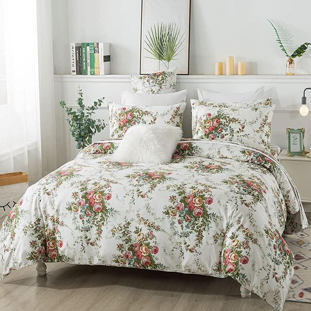 FADFAY Rose Floral Bedding Set King 7 Pcs 100% Cotton Shabby Vintage Bed Sheet Off White Zipper Farmhouse Duvet Cover Elegant Ultra Soft Luxury Deep Pocket Flower Sheets - No Comforter
