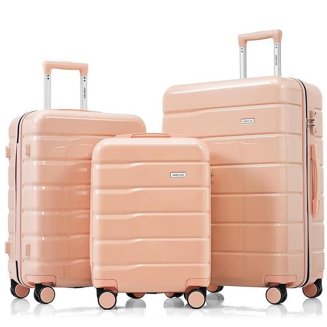 Merax 3 ABS Hardside Luggage Sets Spinner Wheel Suitcase, Pink(Horizontal Stripe), 20/24/28 Inch