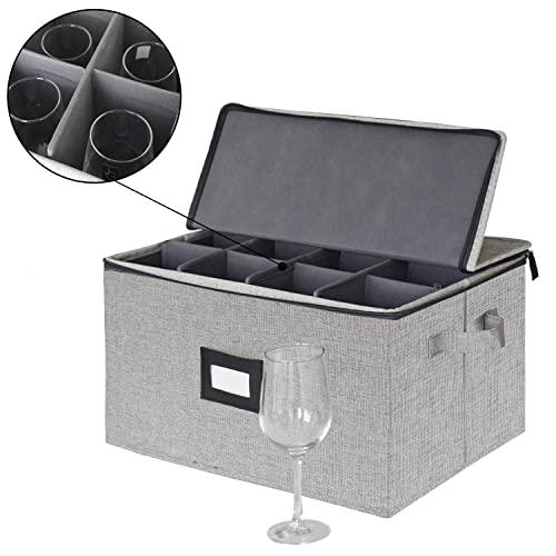 Wine Glass Storage China Storage Chest Containers Box with Lid and Handles, Holds 12 Red or White Wine Glasses, Hard Shell and Stackable (Grey)