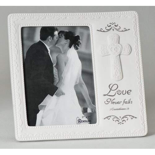 Love Never Fails Wedding Gift Picture Frame With Cross Silver Holds 5"x7" Photo