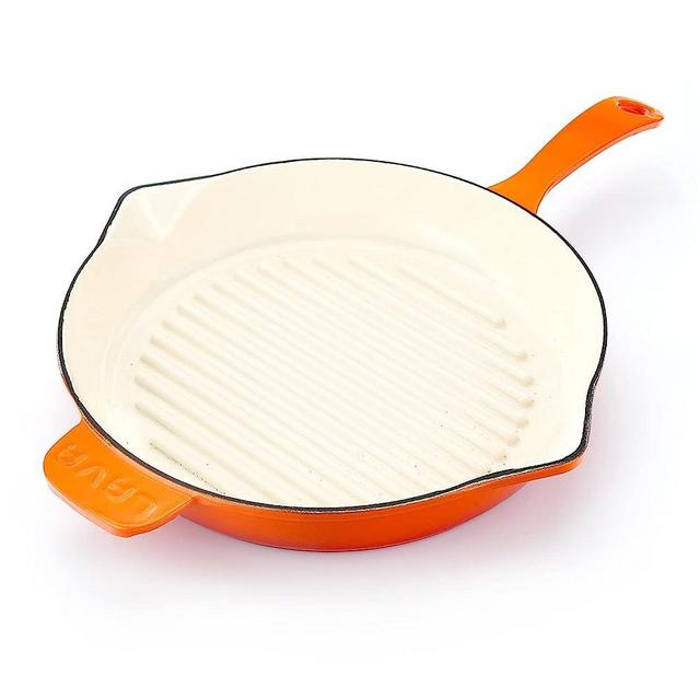 Lava Enameled Cast Iron Ceramic Skillet with Side Drip Spouts - 11 inch Round Frying Pan with White Ceramic Enamel Coated Interior - Edition Series (Orange)