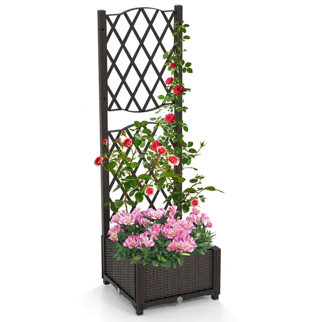 Tangkula Raised Garden Bed w/Trellis Planter Box for Climbing Plants 16" x 16" x 53"