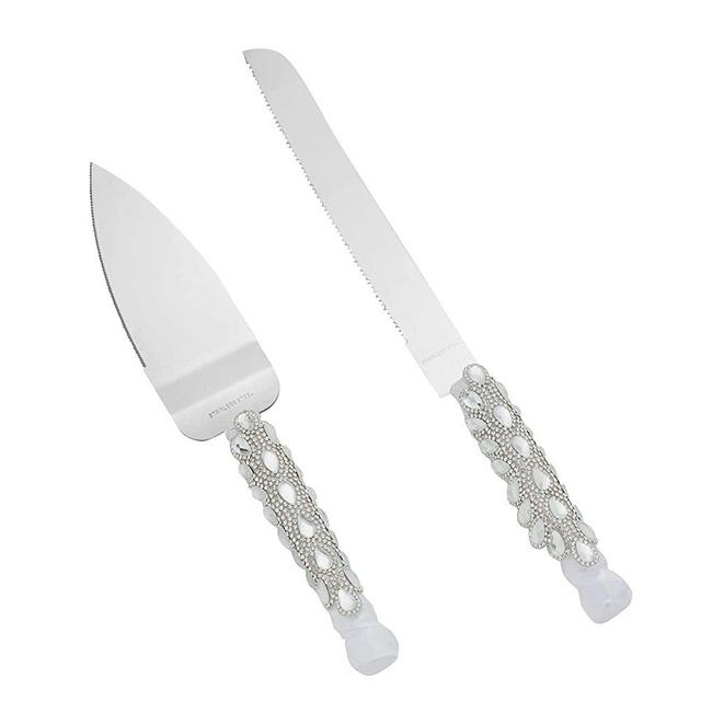 Juvale Wedding Cake Knife and Server, Stainless Steel Cutting Set with Diamonds, Crystals, Ribbon