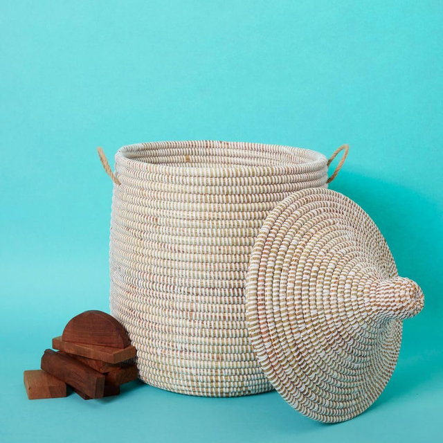 Small African Wicker Basket, White, 12 Inch Wide, 14 Inch Tall