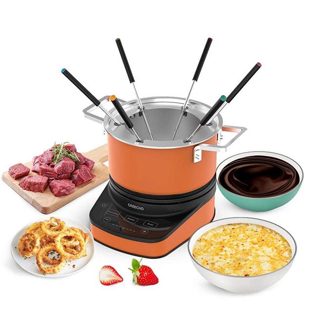 GREECHO Digital Electric Fondue Set — 3.2 Quart Fondue Pot of Stainless Steel Cookware With Temperature Control, 1200W Fondue Cheese for Electric Countertop, Melting Chocolate Maker, Vibrant Orange