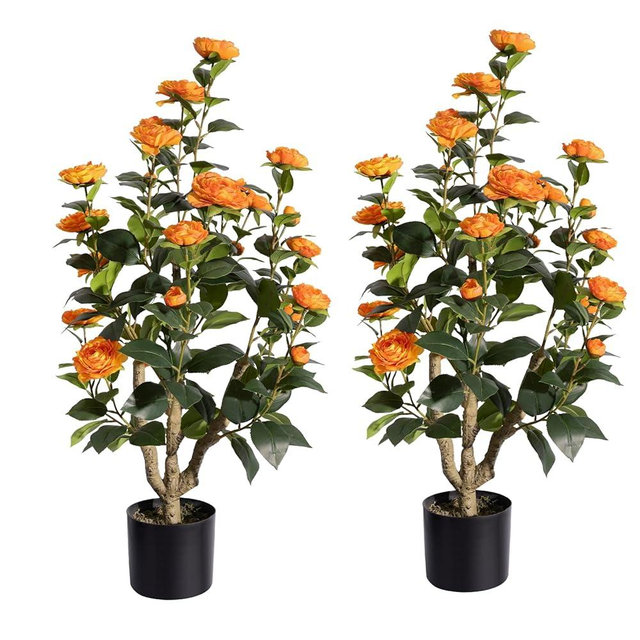 Romantic Season 2Pack Artificial Camellia Tree 3FT, Orange Faux Camellia Plant Fake Potted Camellia Flower Tree Plastic Camellia Tree for Modern Home Office Living Room Floor Décor Indoor
